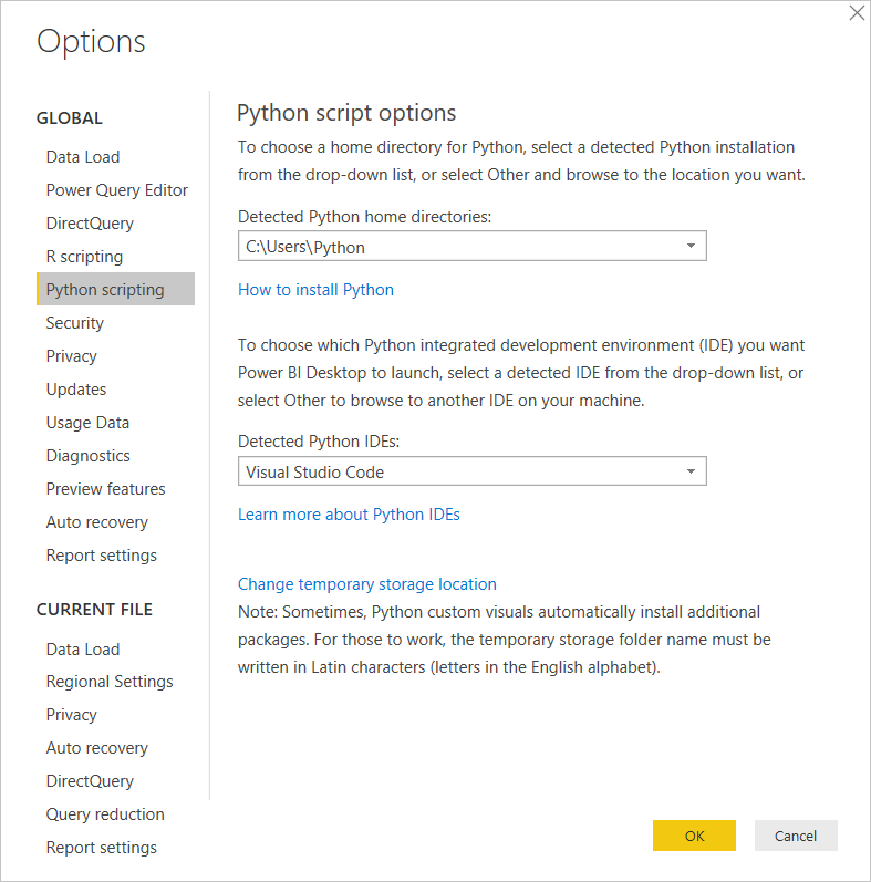 Screenshot that shows the Python script options for Power BI Desktop.