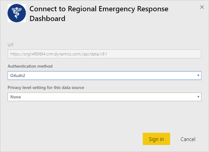 Regional Emergency Response Dashboard app authentication dialog