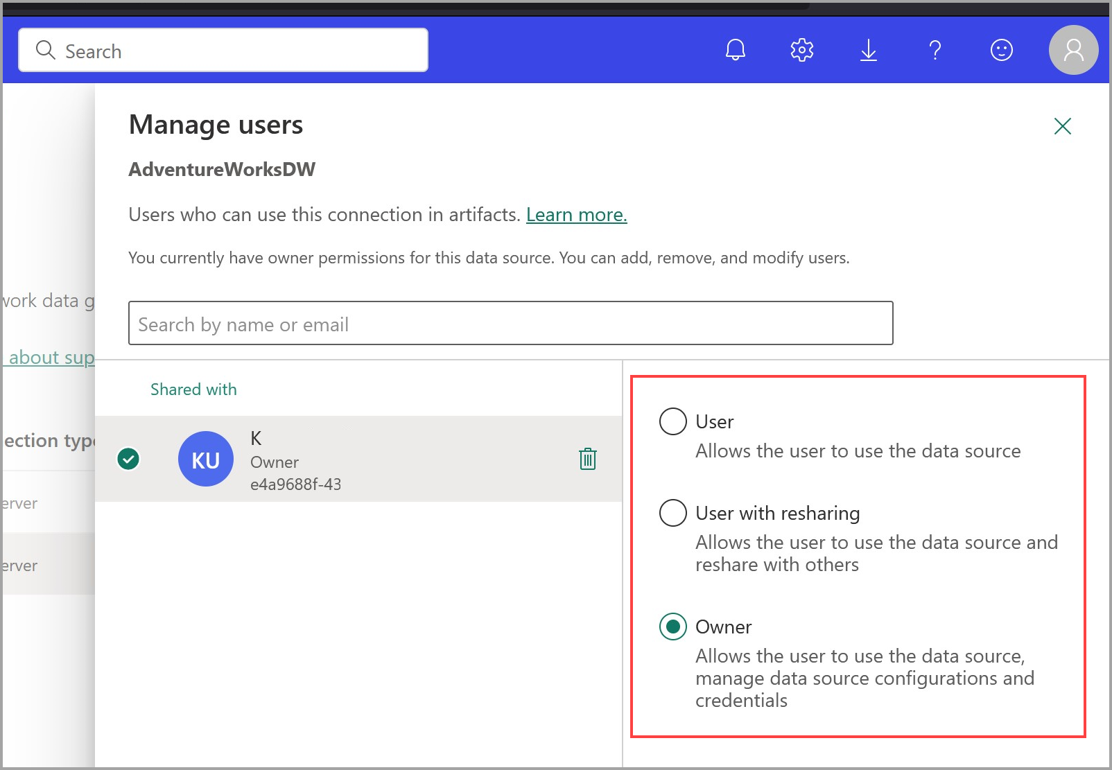 Screenshot of applying user permission to a shareable cloud connection.