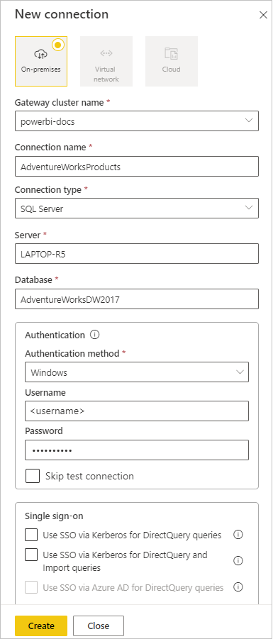 Screenshot that shows the New connection settings.