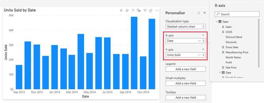 Screenshot of the Personalize window with the X-axis option expanded.