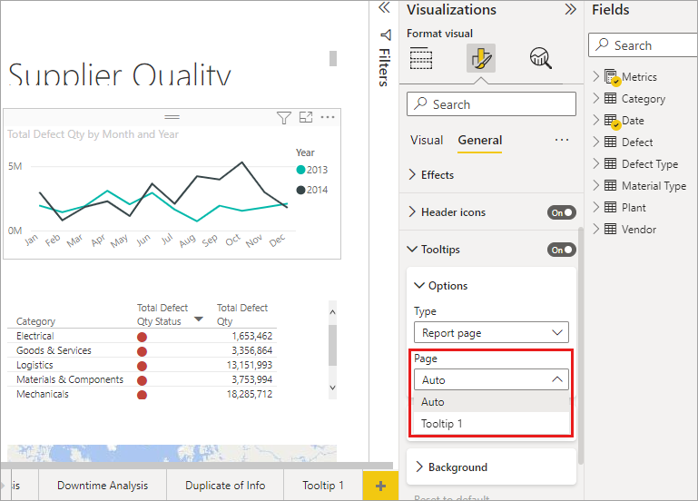 Screenshot shows how to select default tooltip for a visual.