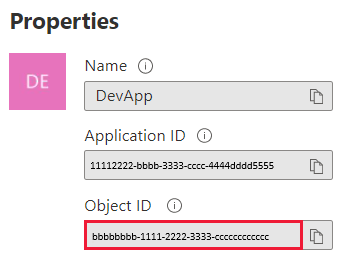 Screenshot of the Azure portal window, which shows the principal object ID in the properties section in the Overview blade of a Microsoft Entra application.