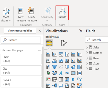 Screenshot of Power BI Desktop showing the Publish button.