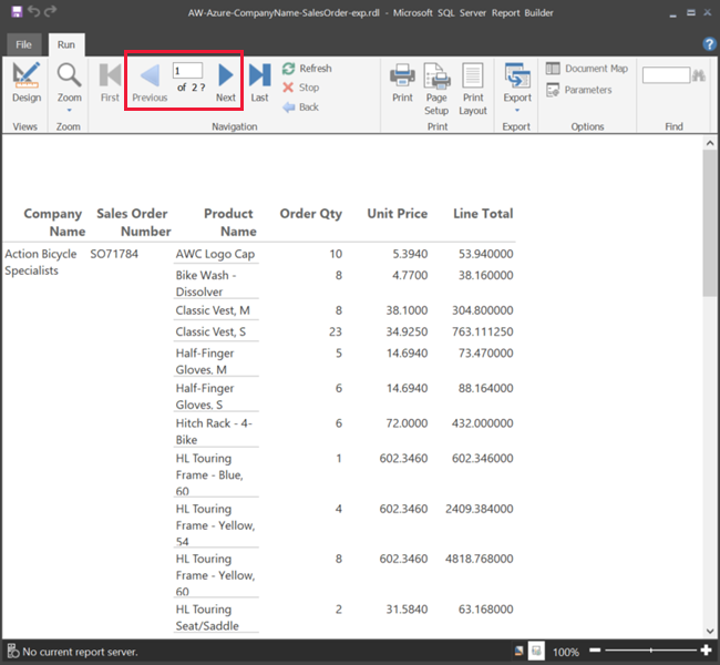 Screenshot of a report, showing where to find the page number and page navigation arrows.