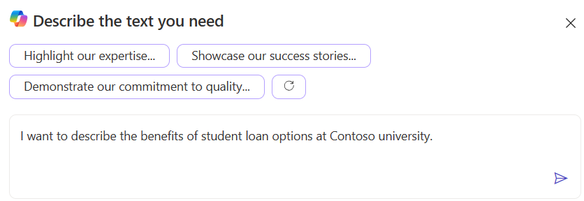 Posnetek zaslona polja za ustvarjanje besedila z vnesenim opisom.