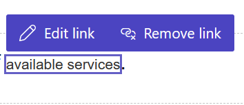 Povezava znotraj oblikovalskega studia. Gumbi z možnostmi Uredi povezavo in Odstrani povezavo so prikazani neposredno nad izbrano povezavo.