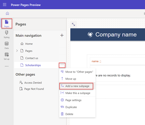 Dodajte podstran na lokacijo.