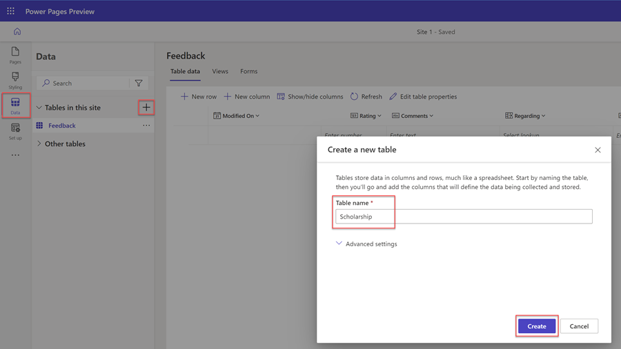Ustvarjanje nove tabele.