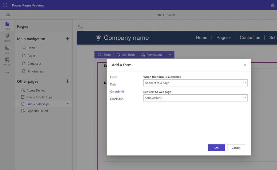 Konfigurirajte stran za vrnitev na stran s seznamom.