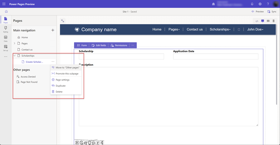 Premaknite podstran na razdelek z drugimi stranmi.