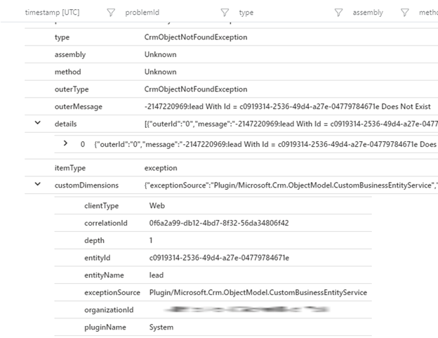 Application Insights podrobnosti atributov tabele izjem.