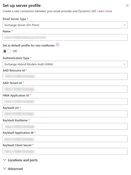 Posnetek zaslona profila e-poštnega strežnika Exchange Hybrid Modern Auth (HMA).