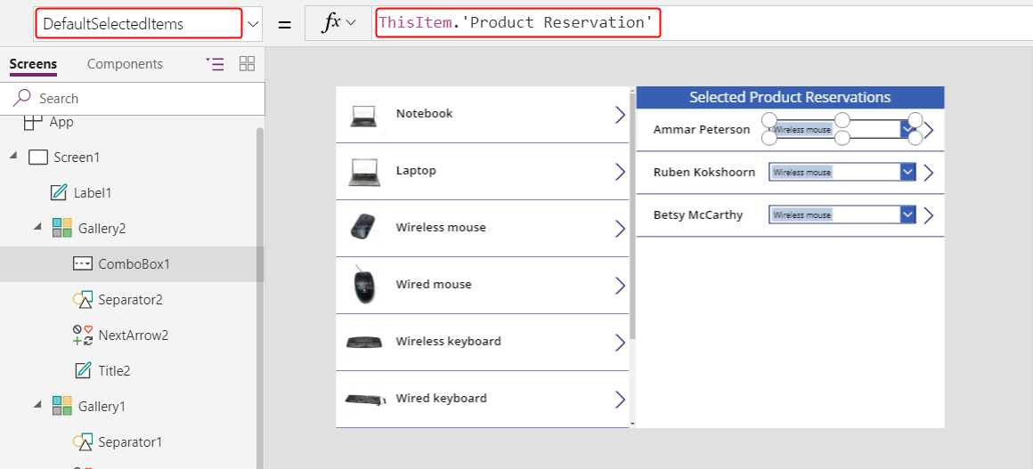 Nastavitev lastnosti »DefaultSelectedItems« za ReserveCombo.