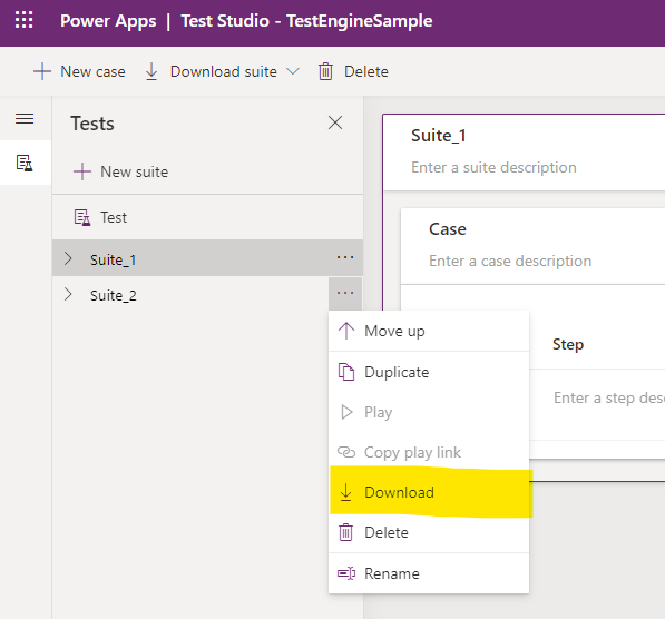 Posnetek zaslona posameznega gumba za prenos testnega paketa Test Studio