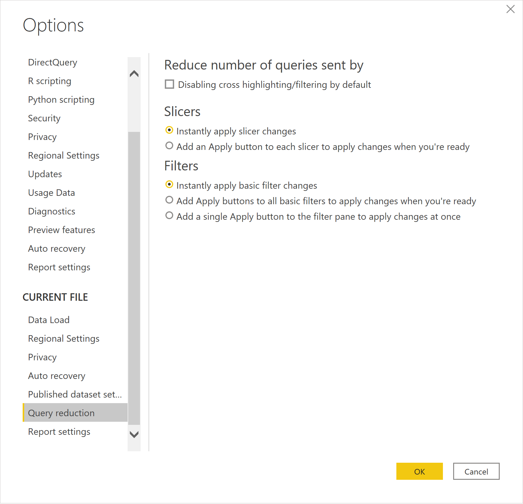 Query reduction options.