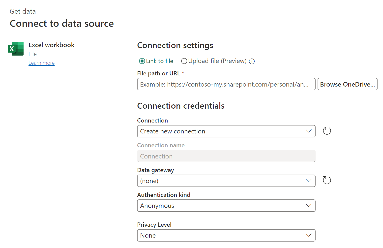 Screenshot of the connection information to access the Excel workbook.