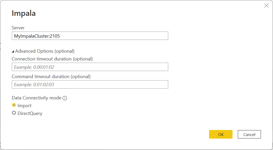 Image of the Impala dialog with a Server name entered and the Import data connectivity mode selected.