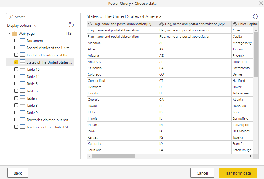 Navigator dialog box showing states from the web page.