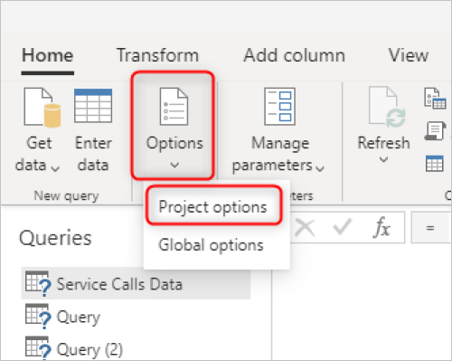 Project options in the dataflow.