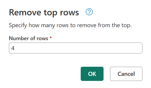 Screenshot of the Remove top rows dialog with four rows to be removed.