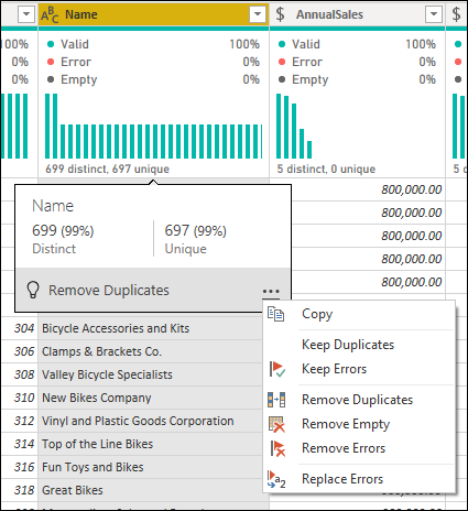 Column distributions options.