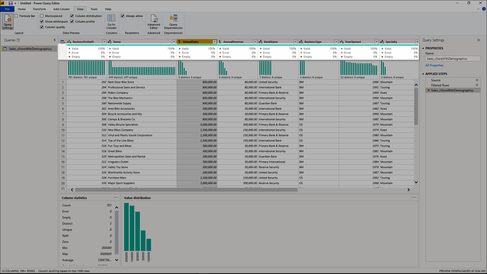 Enhanced view of the bar chart with data quality indicators and labels above each column in the table.