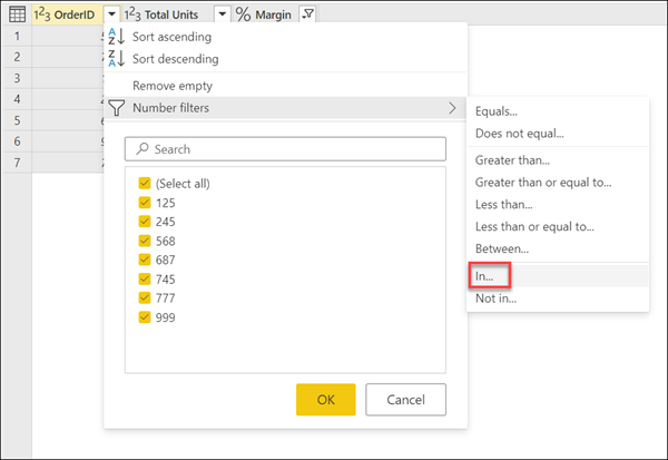 In option inside the Numbers filters sub-menu for the OrderID column.