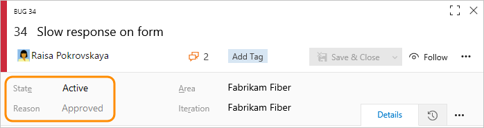 Bug work item form, header area