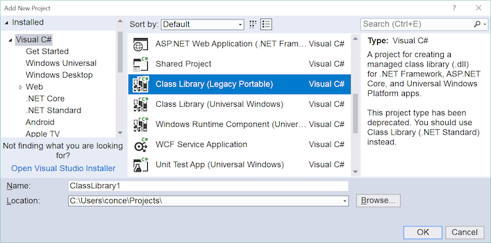 New Project window to create a portable class library