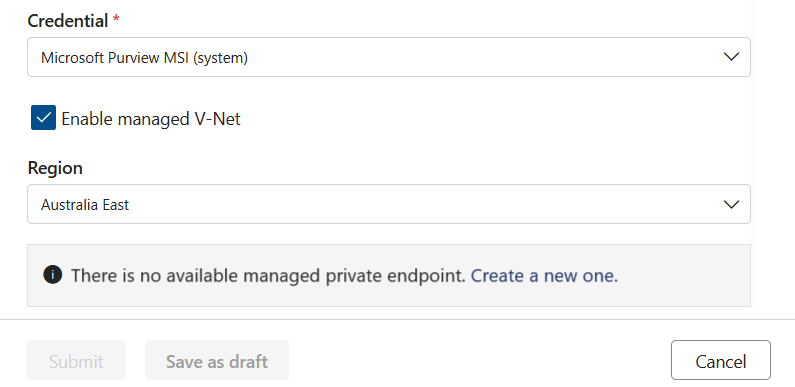 Screenshot of the create connection page with the private endpoint prompt.