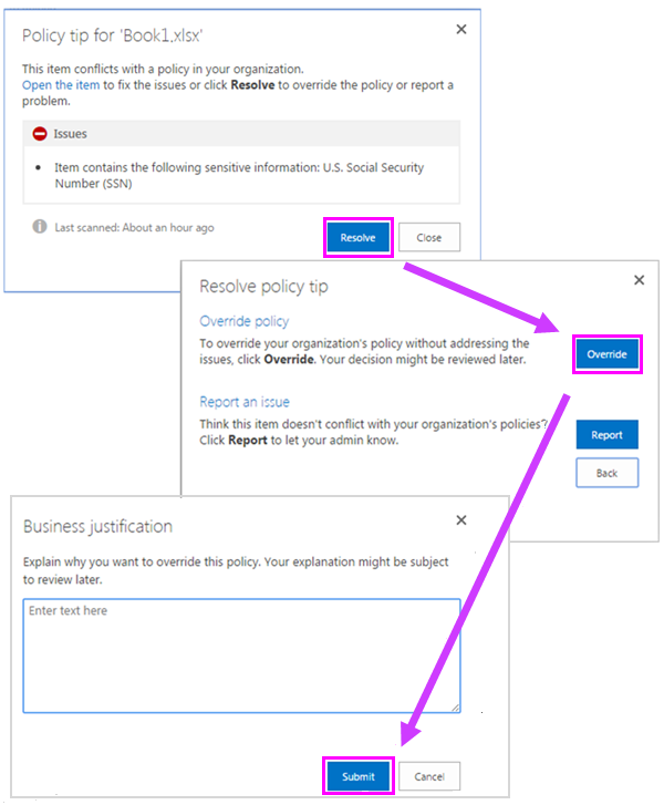 Policy tip with option to override.