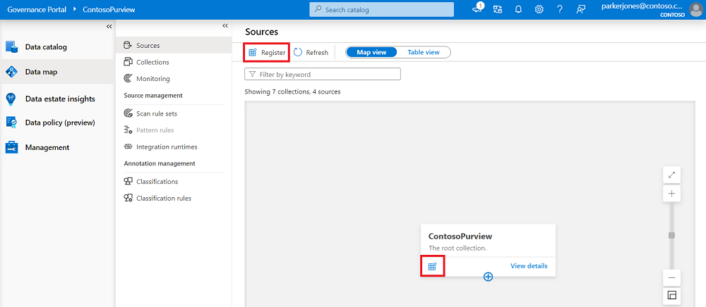 Screenshot of the data map Microsoft Purview governance portal window with the register button highlighted both at the top of the page and under a collection.