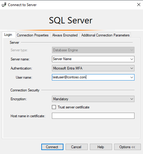 Screenshot SSMS showing the Connect to Server window.