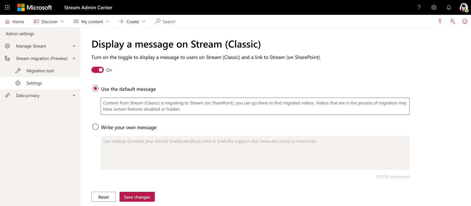 Migration tool Settings page-Stream admin center