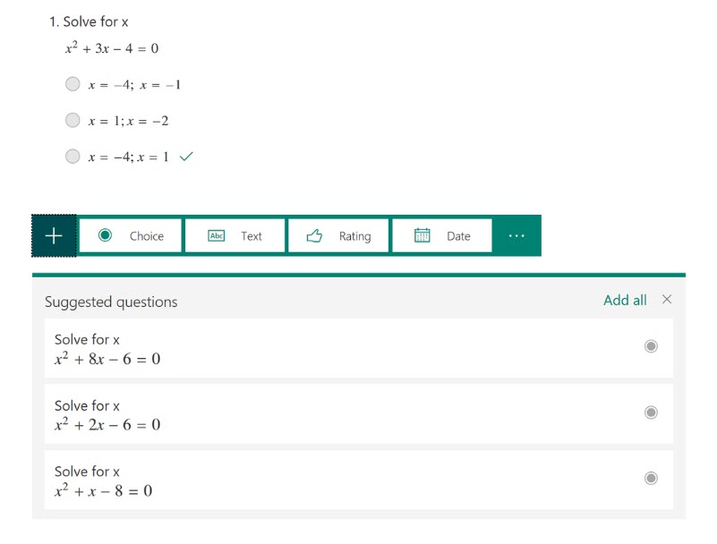 Screenshot showing suggested questions in Microsoft Forms for the equation: x squared plus 3x minus 4 equals 0.