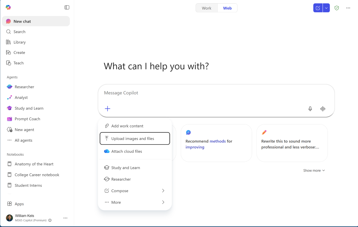 Posnetek zaslona Microsoft 365 Copilot z pozivom »Kaj vam lahko pomagam?«