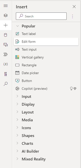 Power Apps Controls Ribbon menu items for the Insert tab.