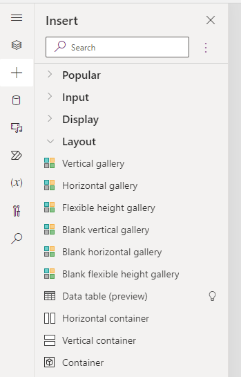 Screenshot of the gallery menu options.