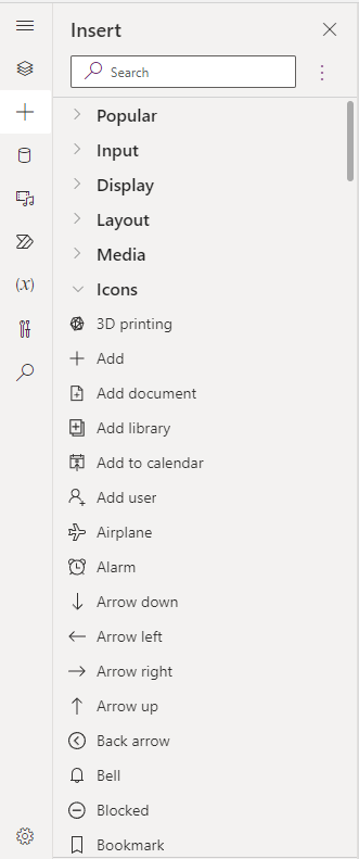 Screenshot of the icons menu options.