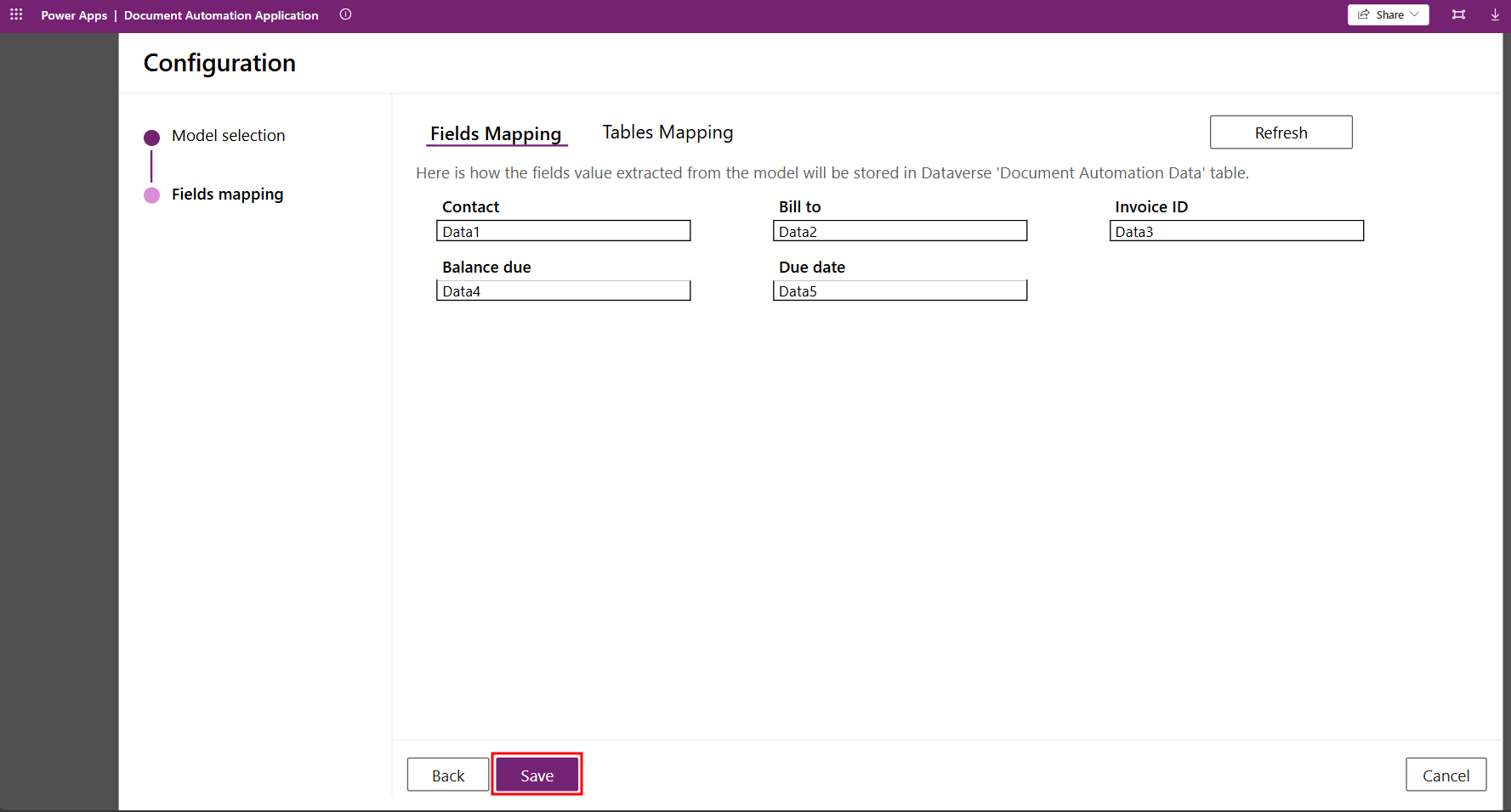 Fields mapping tab with values extracted from model.