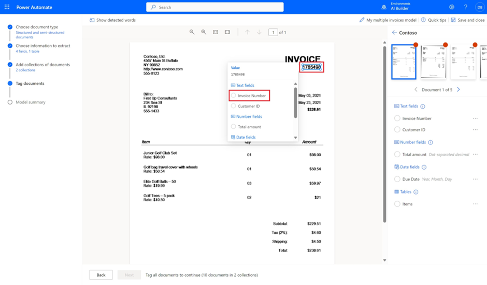 Screenshot of the Power Automate "Tag documents" page drawing a rectangle around a field.