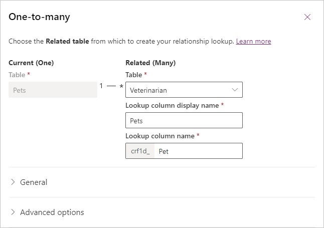 Screenshot of One-to-many dialog showing Pets linked to Veterinarian and a lookup column called Pet assigned to the Veterinarian column.