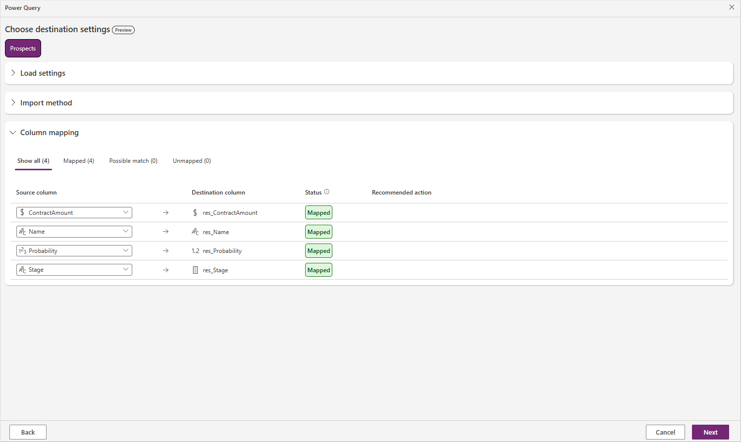 Screenshot of Power Query window showing load settings and column mapping with load to existing table and matched columns.