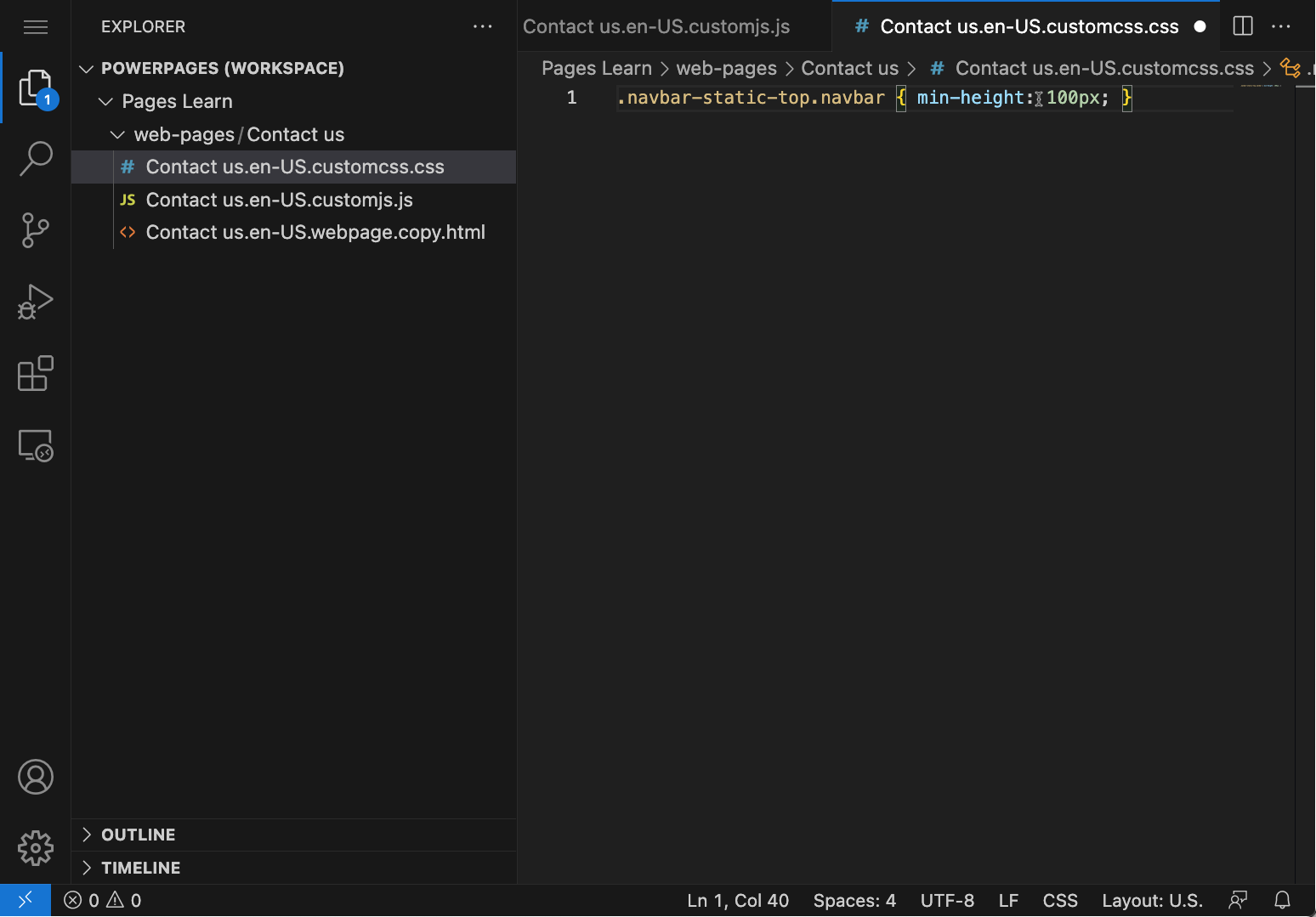 Screenshot of Visual Studio Code editor with a custom C S S file opened.