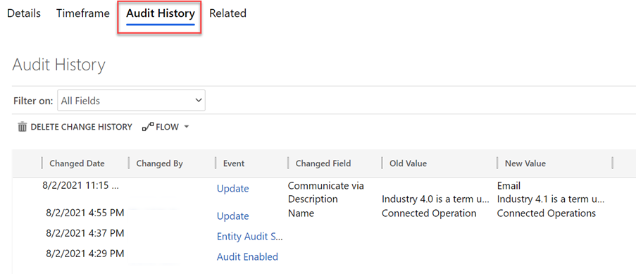 Screenshot of the audit history results view.