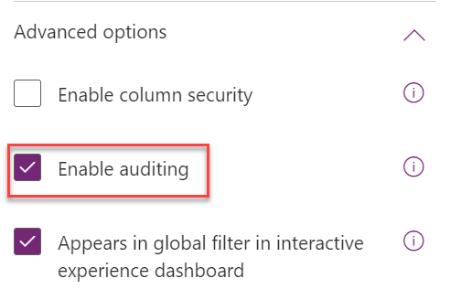 Screenshot of the enable auditing box on a table definition.