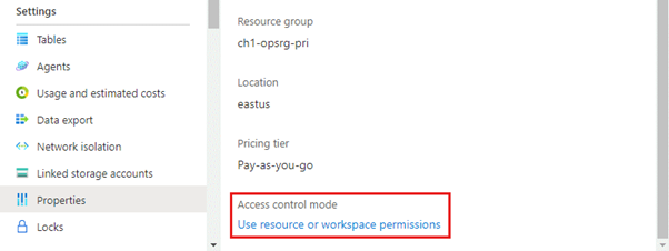 Screenshot of the Properties page of a Log Analytics workspace with the Access control mode setting highlighted.