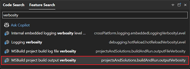 Screenshot that shows how to use the Search box in Visual Studio.