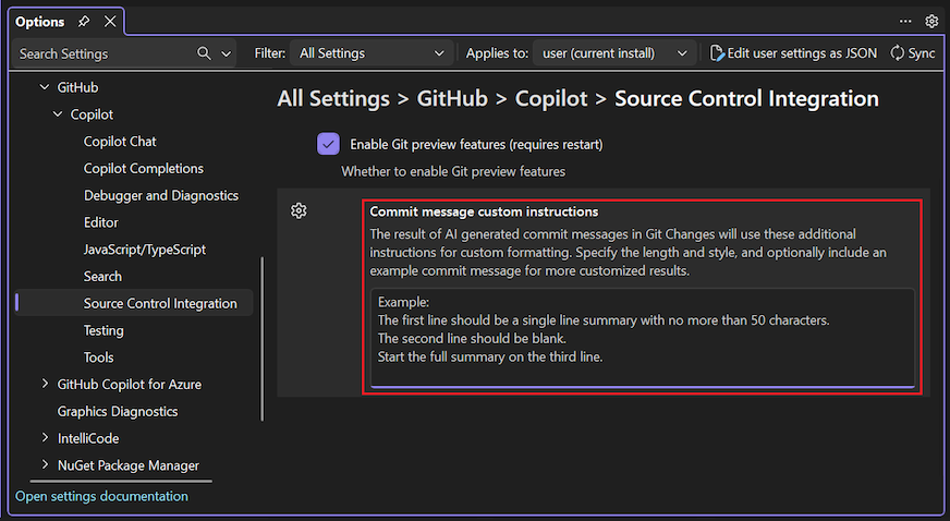 Screenshot that shows how to to add a custom prompt for commit message with Tools Options.